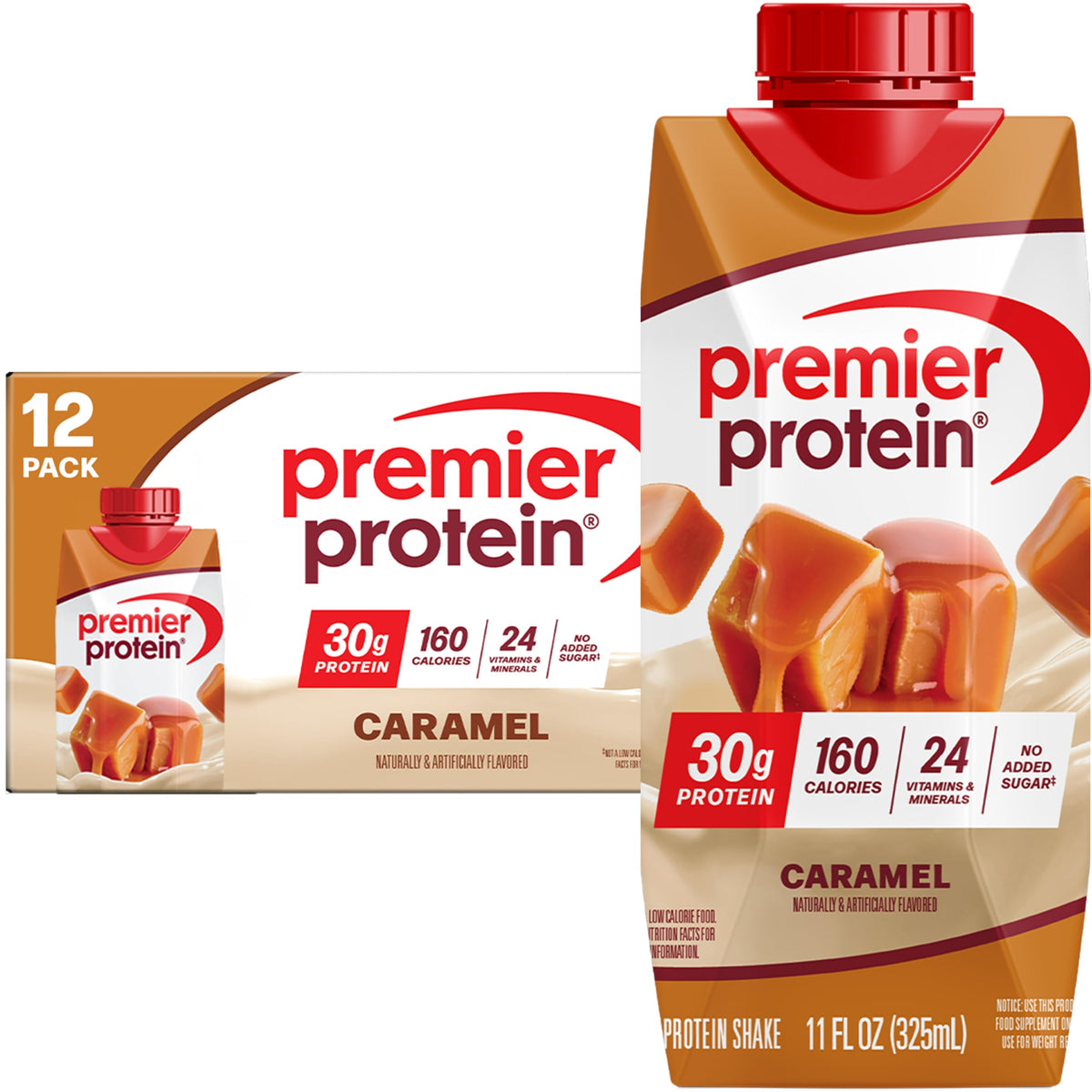 Premier Protein Shake Caramel – 30g Protein, 1g Sugar, 24 Vitamins & Minerals, 11 fl oz (12 Pack)