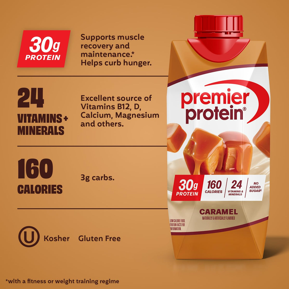Premier Protein Shake Caramel – 30g Protein, 1g Sugar, 24 Vitamins & Minerals, 11 fl oz (12 Pack)