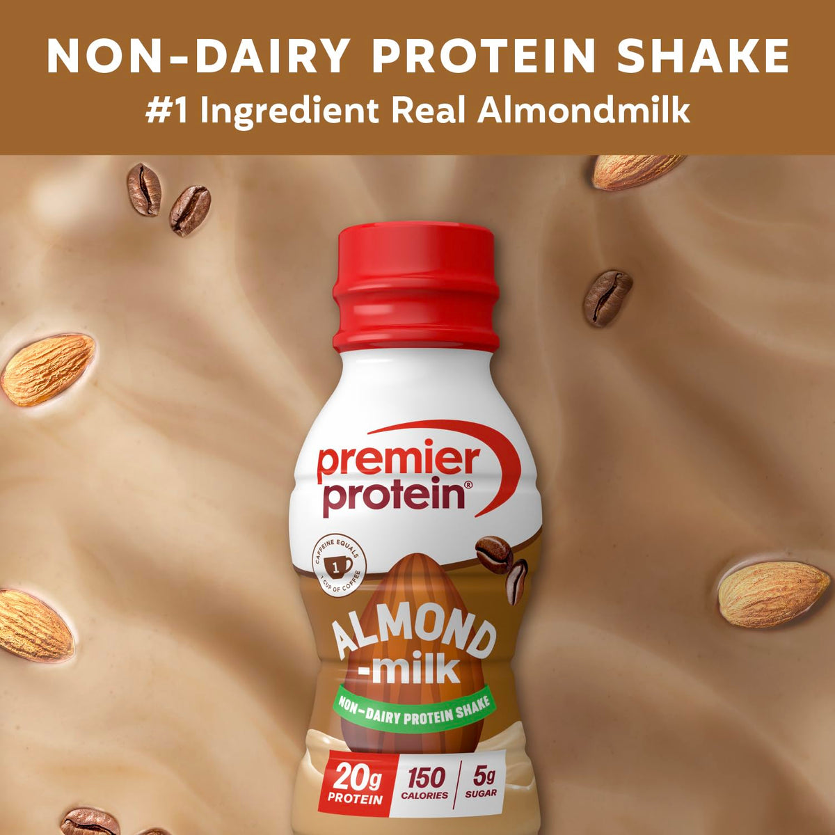 Premier Protein Non-Dairy Coffee Almondmilk Shake with Caffeine — 20g Protein, 5g Sugar, 11.5 Fl Oz (12 Pack)