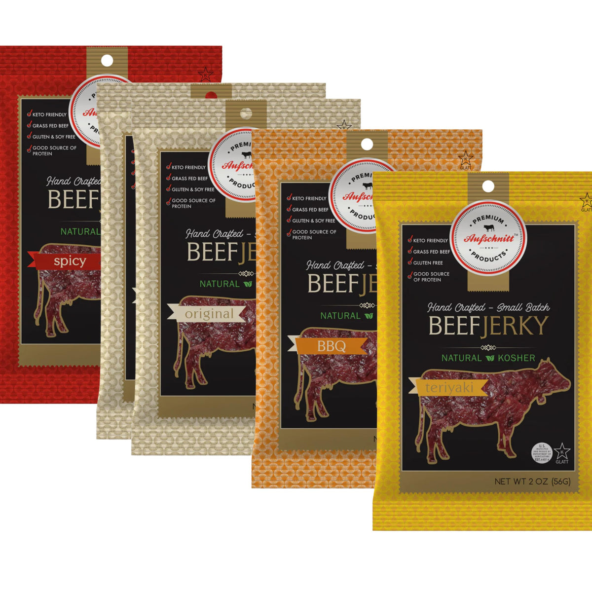 Premium Aufschnitt Grass-Fed Beef Jerky – Low Sodium, Kosher Certified, Keto Friendly 5-Pack Variety