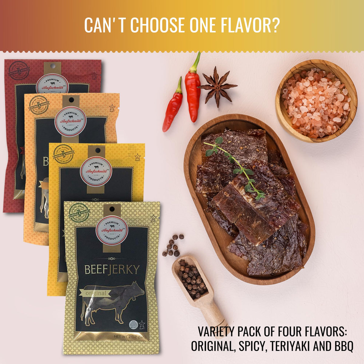 Premium Aufschnitt Grass-Fed Beef Jerky – Low Sodium, Kosher Certified, Keto Friendly 5-Pack Variety