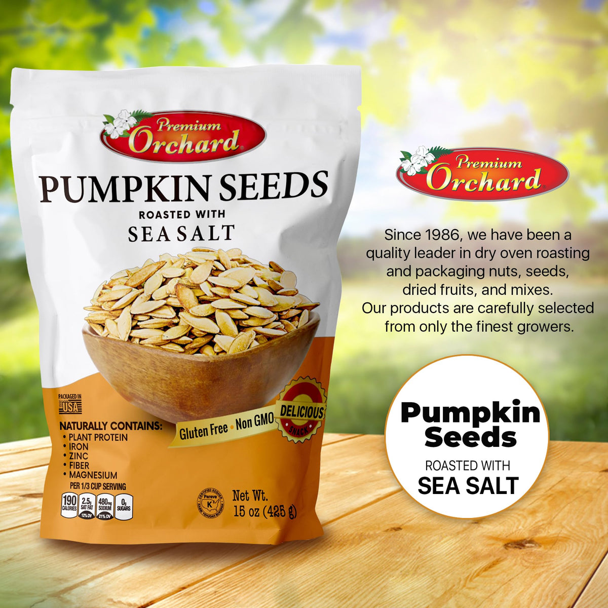 Premium Orchard Roasted Pumpkin Seeds in Shell with Sea Salt – Non-GMO Vegan Snack (Value Pack – 3 Bags)