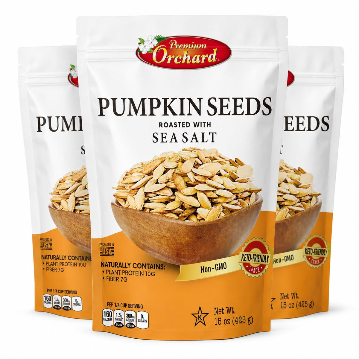 Premium Orchard Roasted Pumpkin Seeds in Shell with Sea Salt – Non-GMO Vegan Snack (Value Pack – 3 Bags)