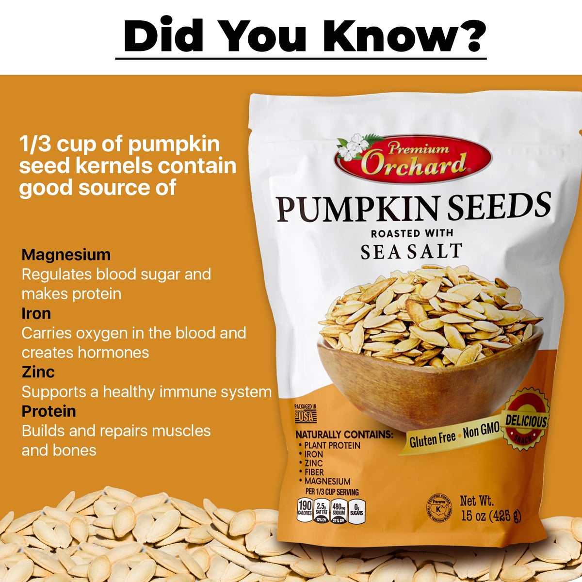 Premium Orchard Roasted Pumpkin Seeds in Shell with Sea Salt – Non-GMO Vegan Snack (Value Pack – 3 Bags)