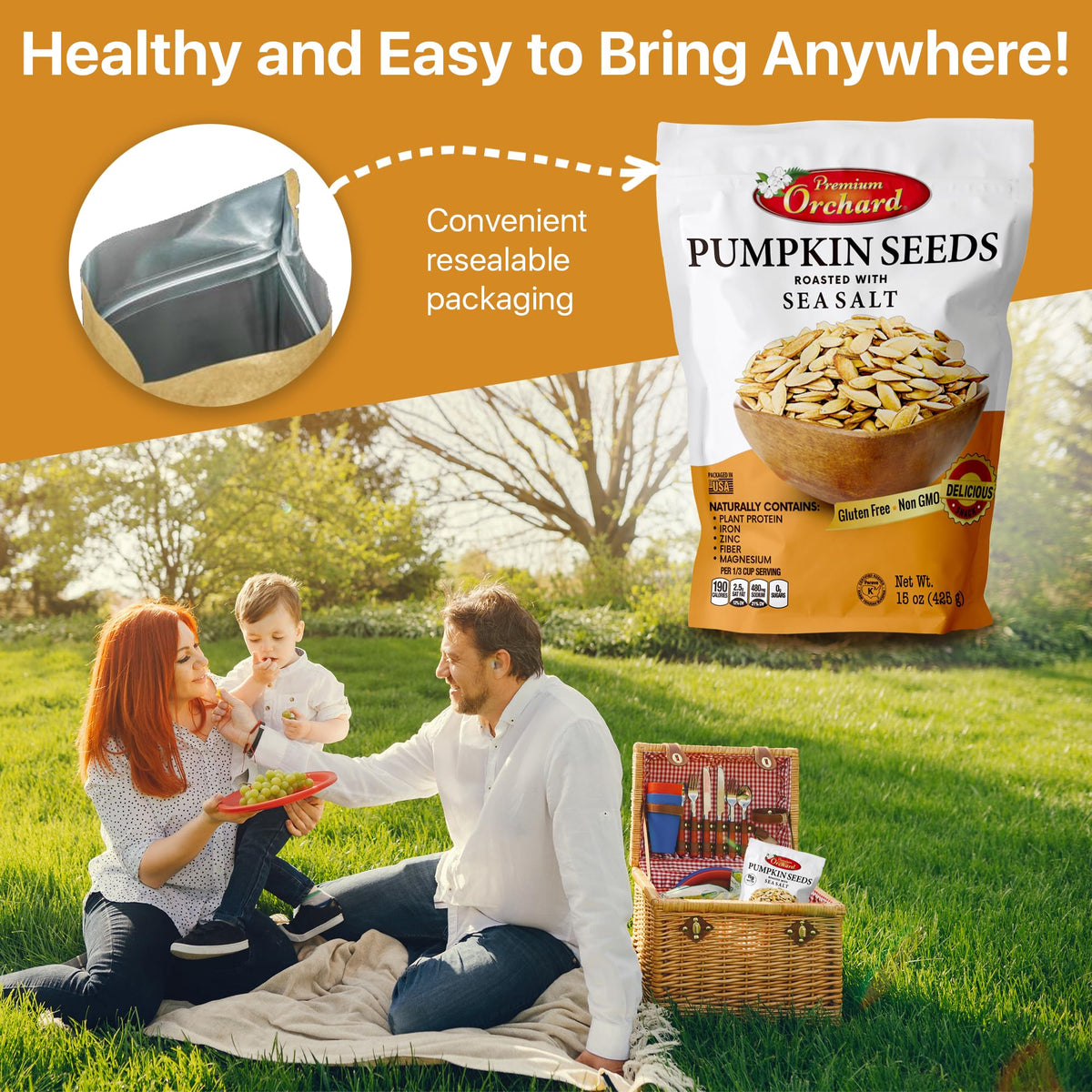 Premium Orchard Roasted Pumpkin Seeds in Shell with Sea Salt – Non-GMO Vegan Snack (Value Pack – 3 Bags)