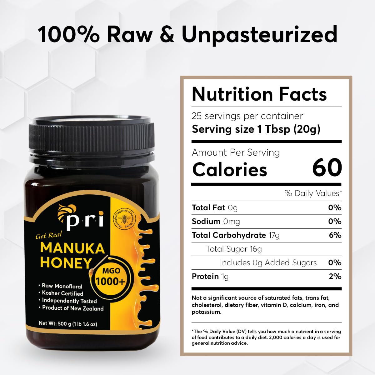 P.R.I Manuka Honey MGO 1000+ Ultra-Potent Monofloral NZ Honey – 500g, QR-Traceable, Cool-Processed