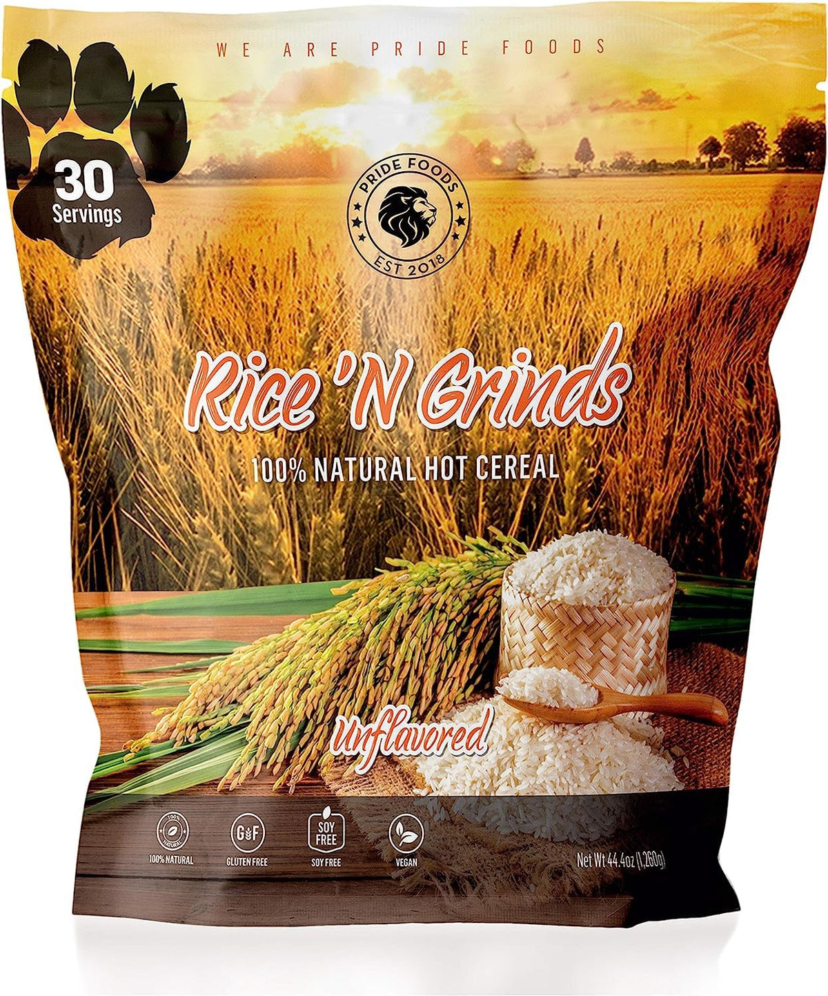 Pride Foods Rice 'N Grinds Hot Cereal - Gluten-Free, Non-GMO, Vegan, Unflavored Breakfast (30 Servings)