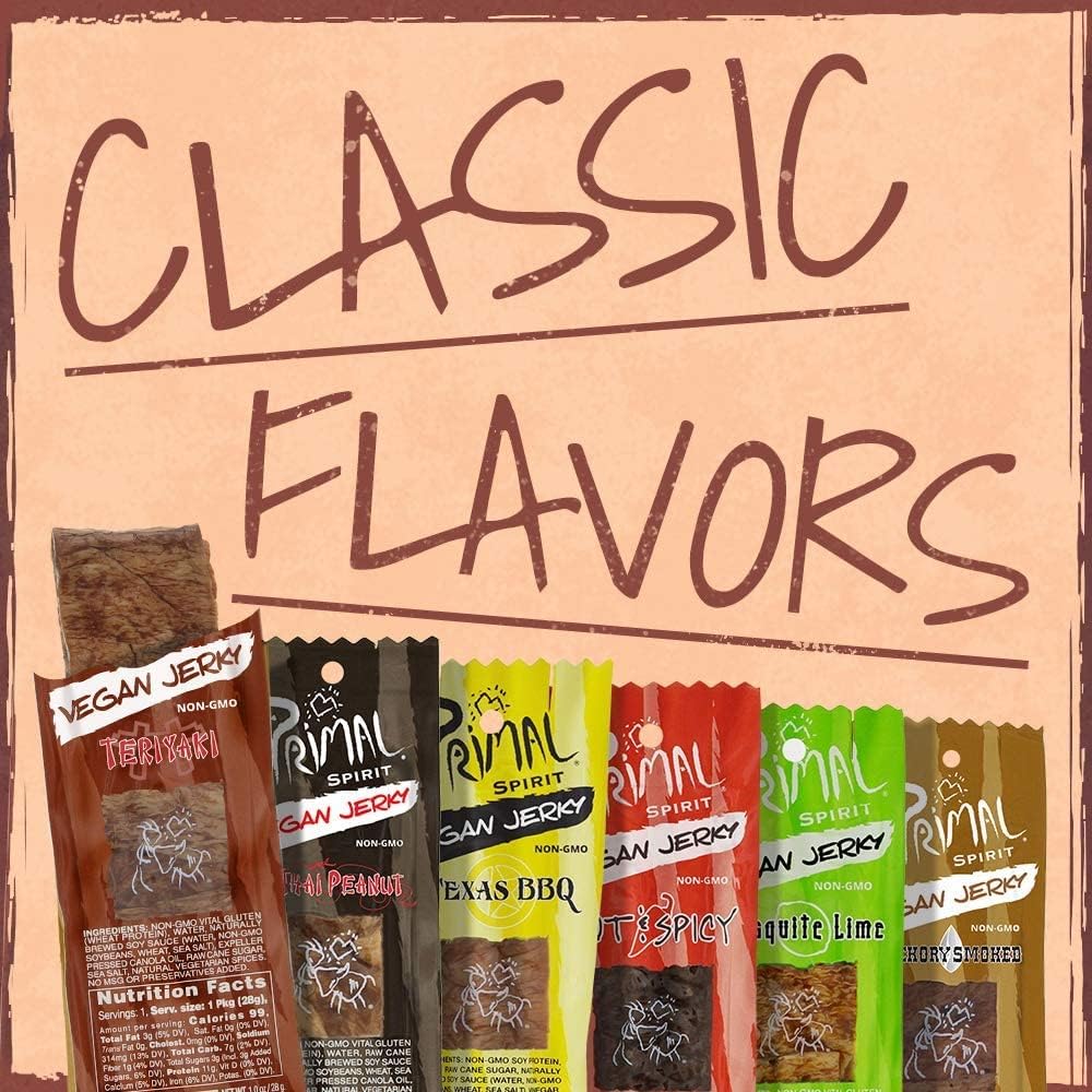 Primal Spirit Foods Vegan Jerky – Classic Teriyaki, 24 Pack, 1 oz – 10 g Plant-Based Protein, Non-GMO