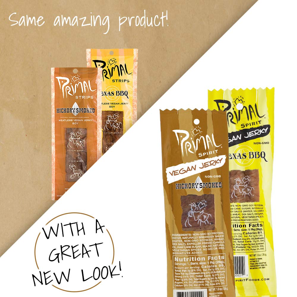 Primal Spirit Vegan Jerky – Soy Protein Energy Pack, 24-Pack, 1 oz (Hickory Smoked & Texas BBQ)