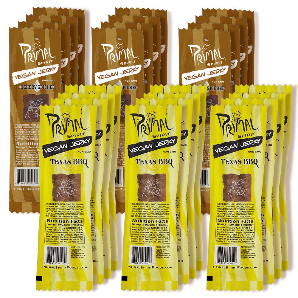 Primal Spirit Vegan Jerky – Soy Protein Energy Pack, 24-Pack, 1 oz (Hickory Smoked & Texas BBQ)