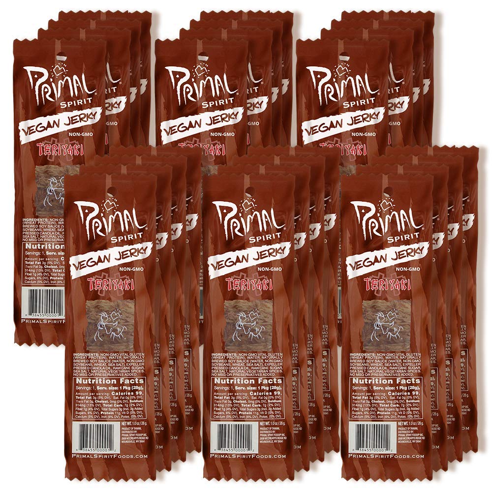 Primal Spirit Foods Vegan Jerky – Classic Teriyaki, 24 Pack, 1 oz – 10 g Plant-Based Protein, Non-GMO