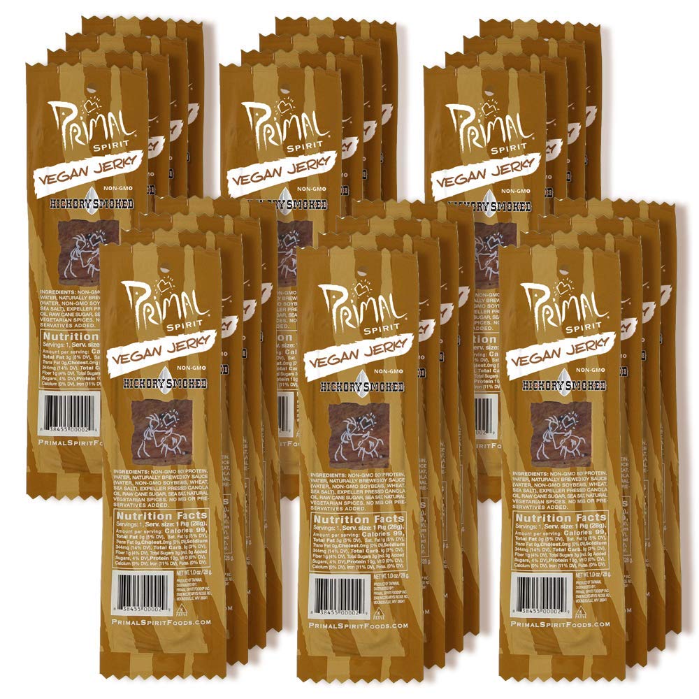 Primal Spirit Vegan Jerky – Classic Hickory Smoked, 10 g Plant-Based Protein, Non-GMO, No Preservatives (24 Pack)