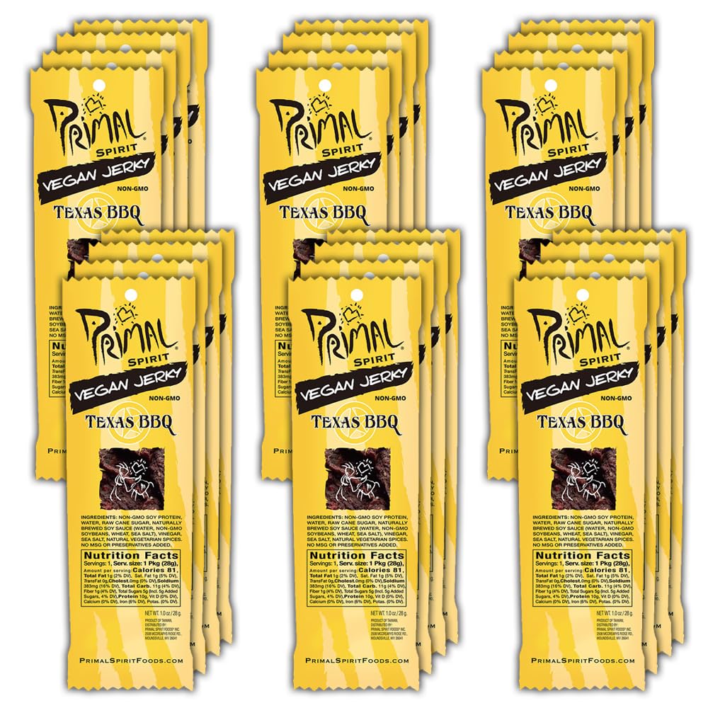 Primal Spirit Vegan Jerky – Classic Texas BBQ, 10 g Plant-Based Protein, Non-GMO, No Preservatives (24 Pack, 1 oz)