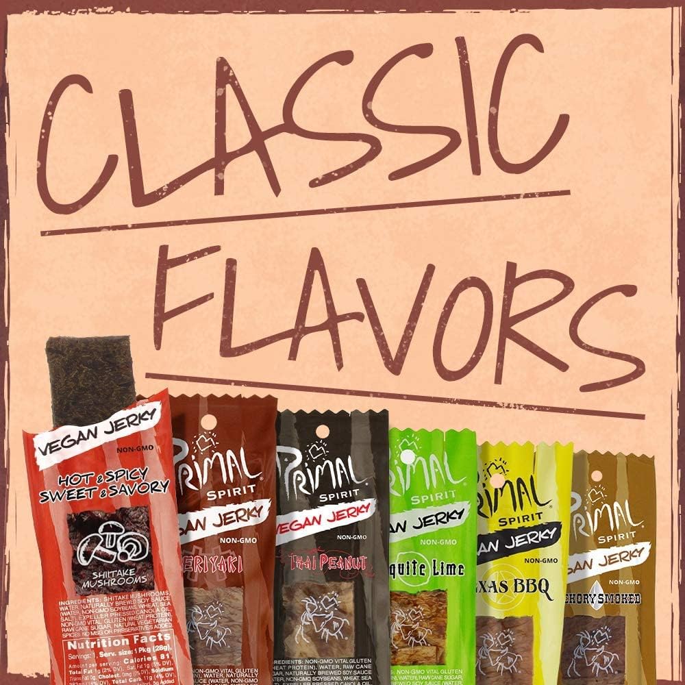Primal Spirit Vegan Jerky – Classic Texas BBQ, 10 g Plant-Based Protein, Non-GMO, No Preservatives (24 Pack, 1 oz)