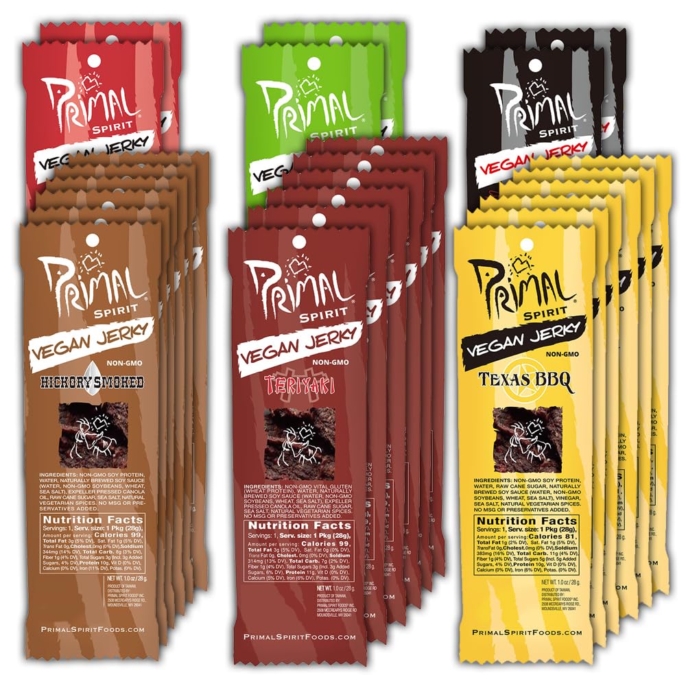 Primal Spirit Vegan Jerky – The Classics 24-Pack (Teriyaki, Hickory Smoked, Texas BBQ, Thai Peanut, Hot & Spicy, Mesquite Lime)
