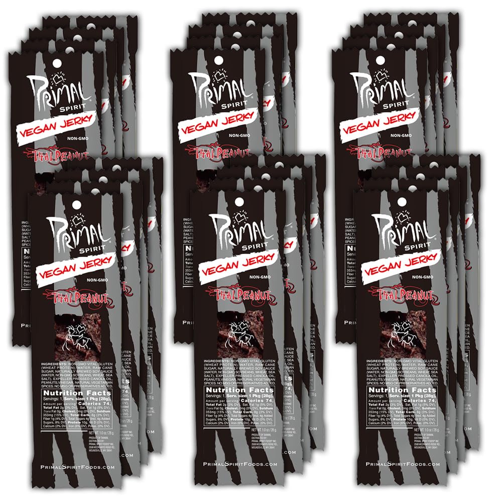 Primal Strips Meatless Vegan Jerky, Thai Peanut – 1 oz (Pack of 24) | Primal Spirit Foods
