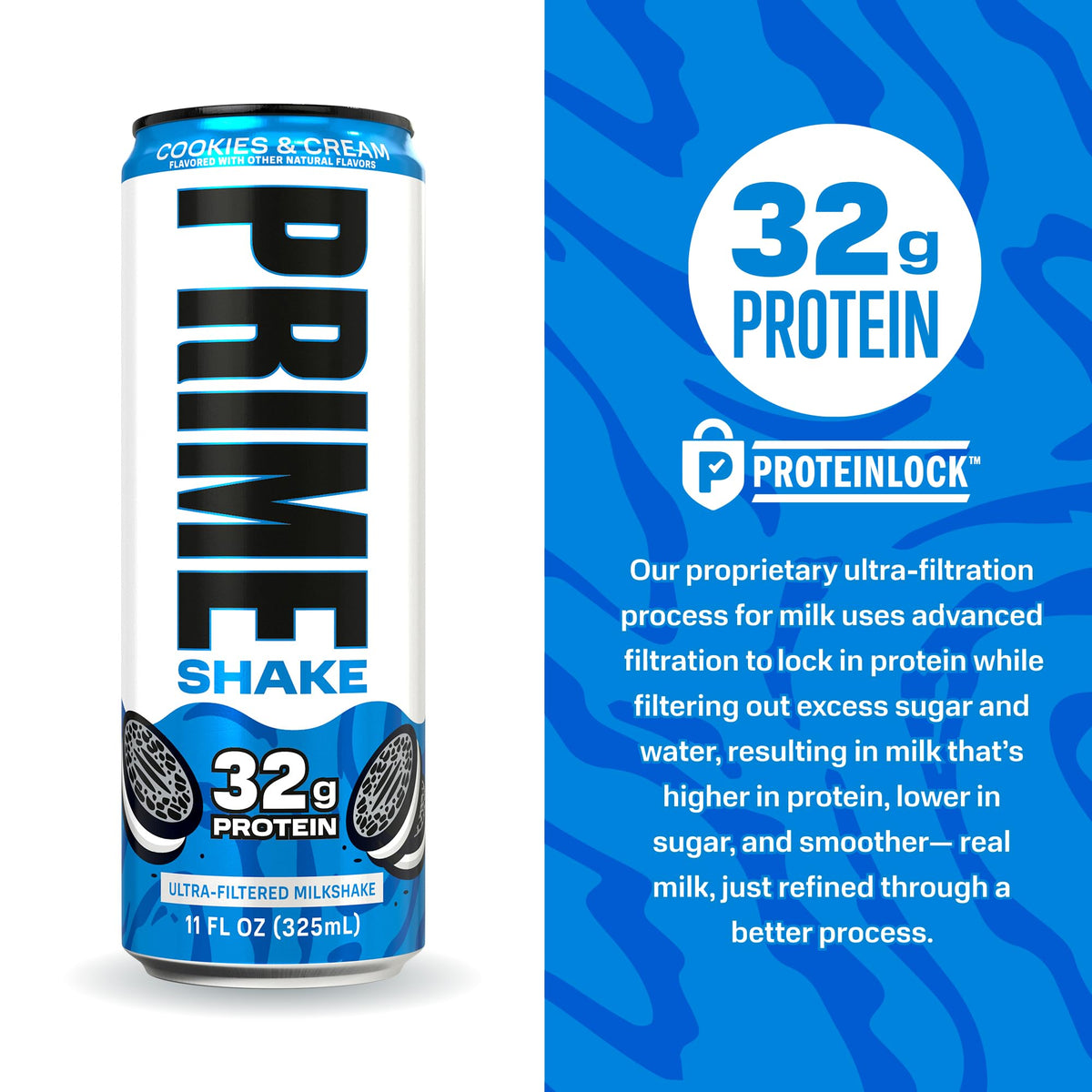 PRIME Shakes Cookies & Cream – 32g Protein Ready-to-Drink, Lactose-Free, Low Sugar, 11oz Can, 12 Pack