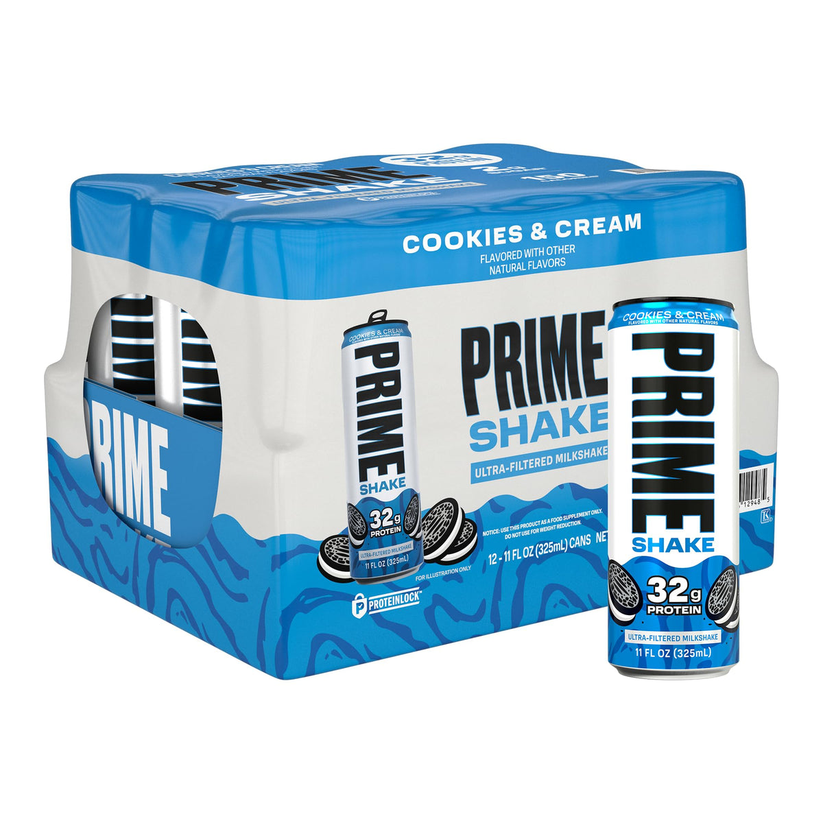 PRIME Shakes Cookies & Cream – 32g Protein Ready-to-Drink, Lactose-Free, Low Sugar, 11oz Can, 12 Pack