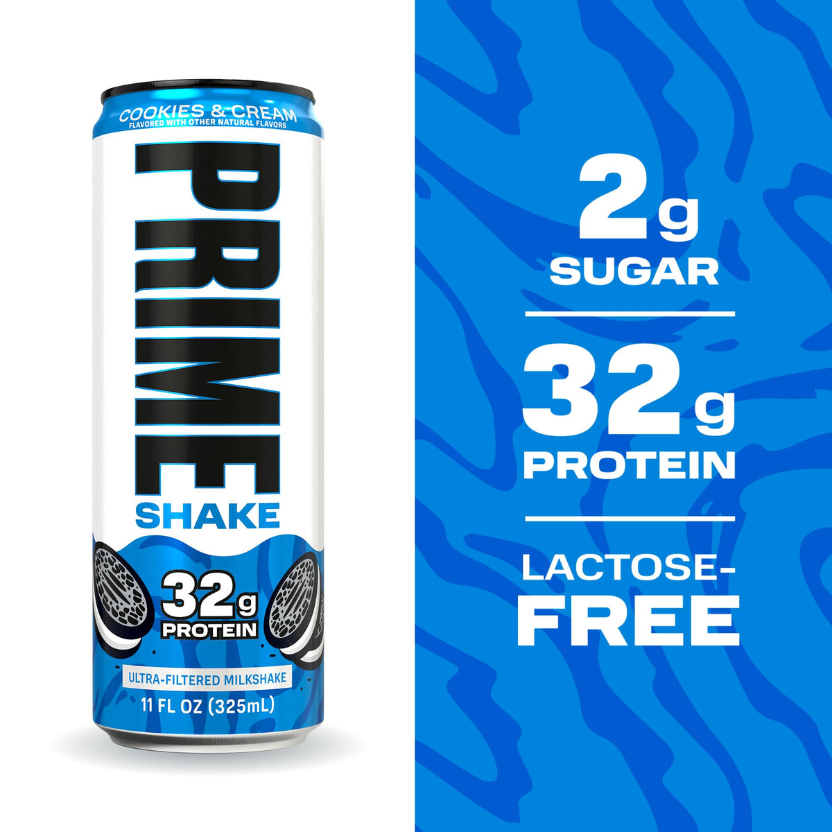 PRIME Shakes Cookies & Cream – 32g Protein Ready-to-Drink, Lactose-Free, Low Sugar, 11oz Can, 12 Pack