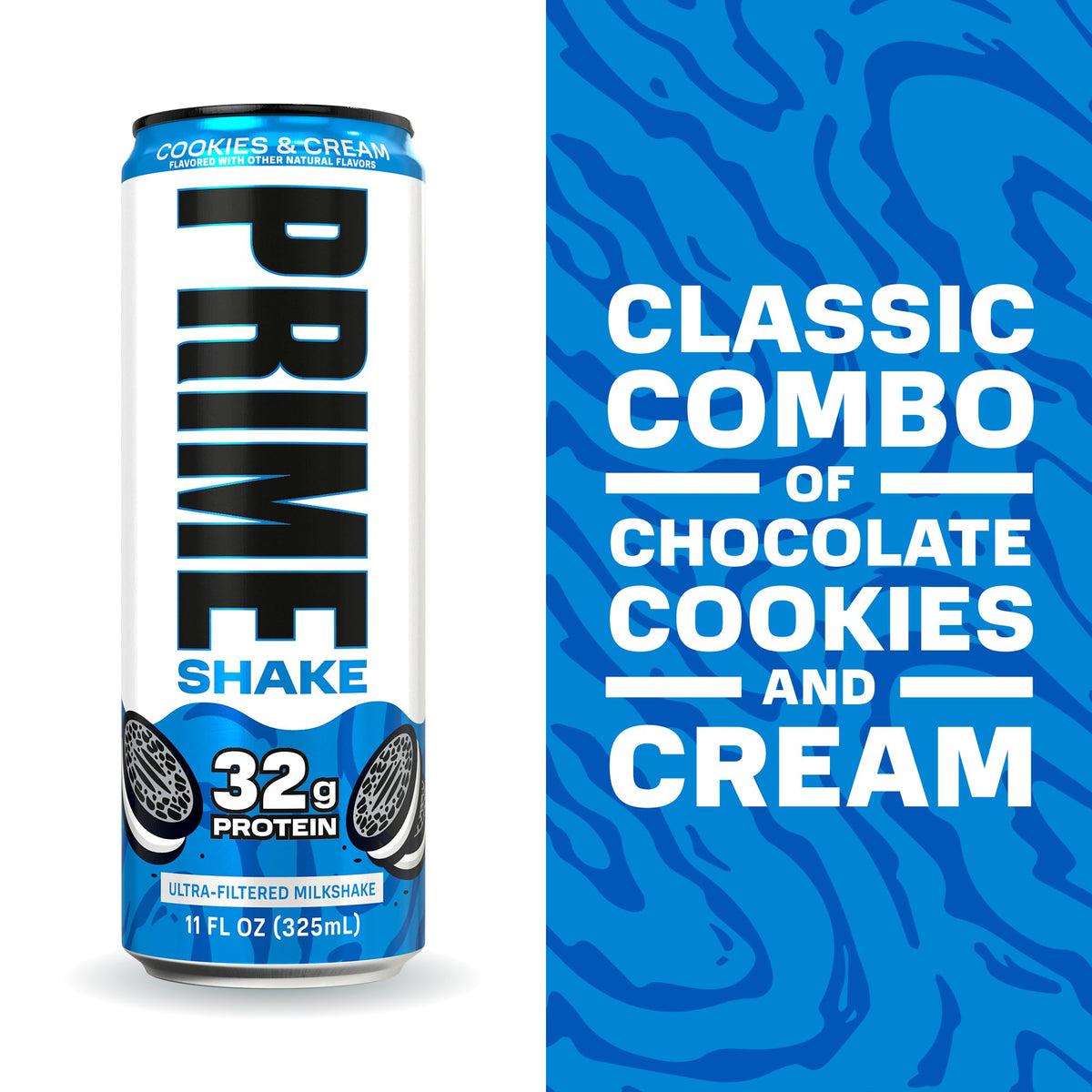 PRIME Shakes Cookies & Cream – 32g Protein Ready-to-Drink, Lactose-Free, Low Sugar, 11oz Can, 12 Pack