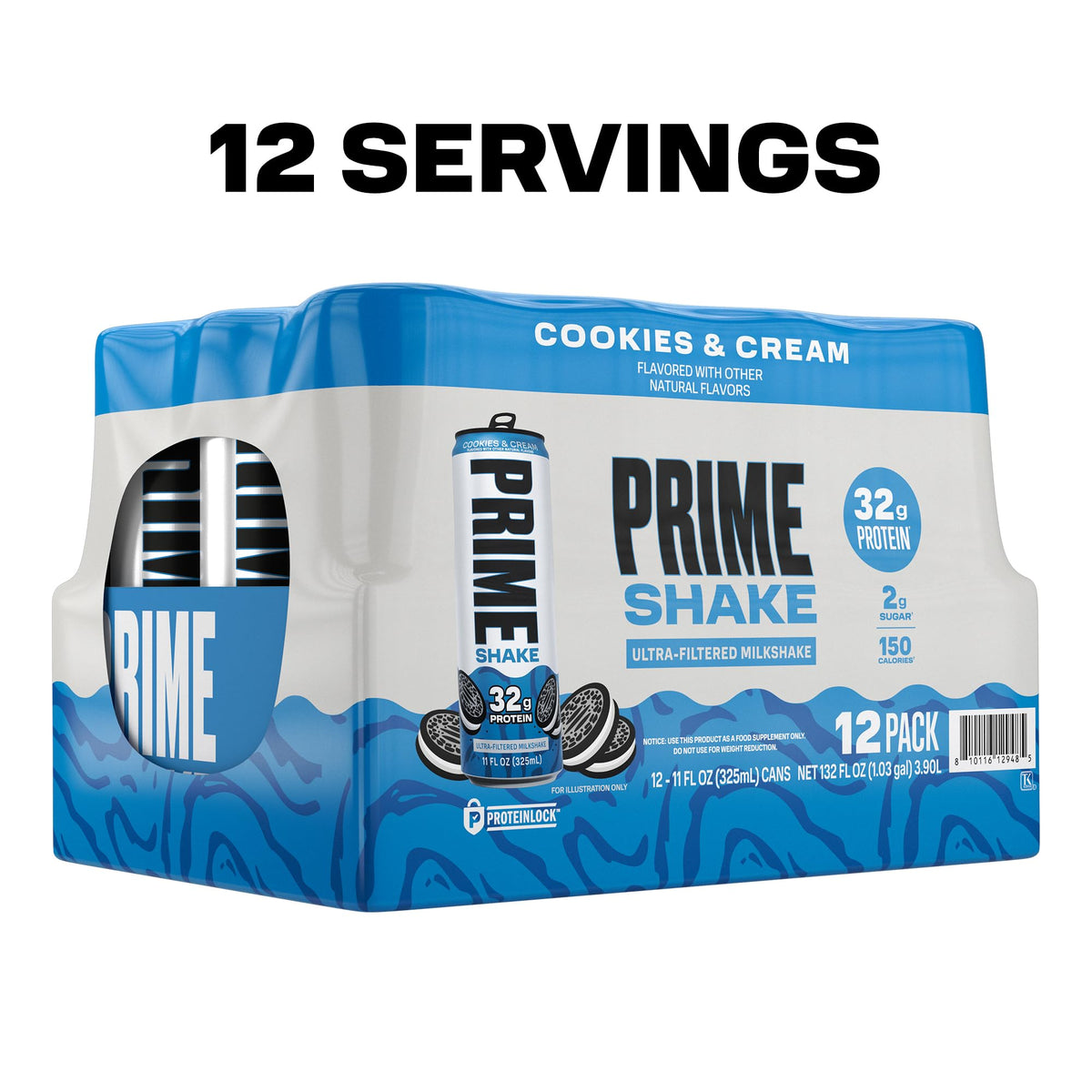 PRIME Shakes Cookies & Cream – 32g Protein Ready-to-Drink, Lactose-Free, Low Sugar, 11oz Can, 12 Pack