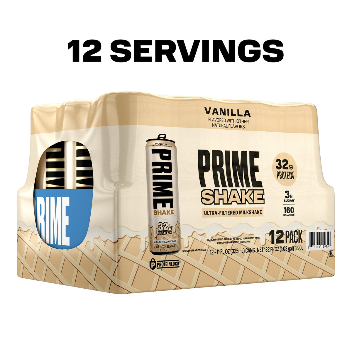PRIME Shakes Vanilla – 32g Protein, Lactose-Free, 160 Cal, 11 oz RTD (12 Pack)
