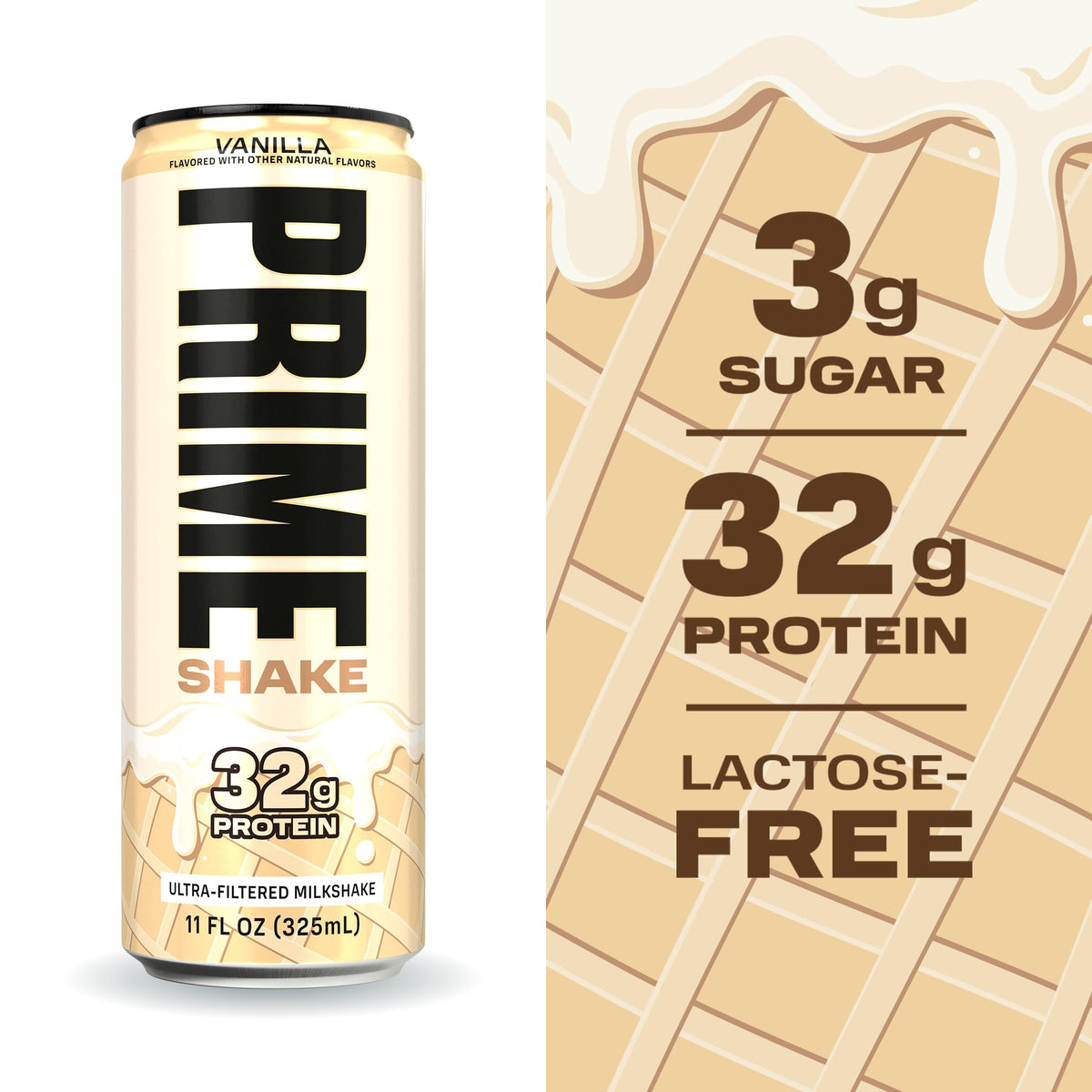 PRIME Shakes Vanilla – 32g Protein, Lactose-Free, 160 Cal, 11 oz RTD (12 Pack)