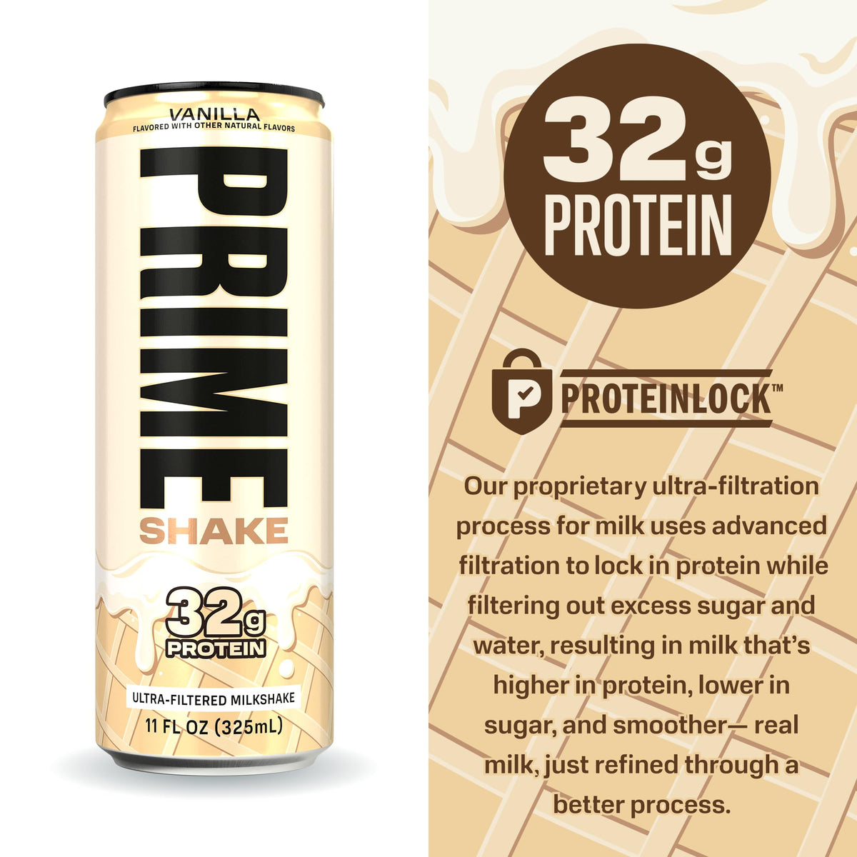 PRIME Shakes Vanilla – 32g Protein, Lactose-Free, 160 Cal, 11 oz RTD (12 Pack)