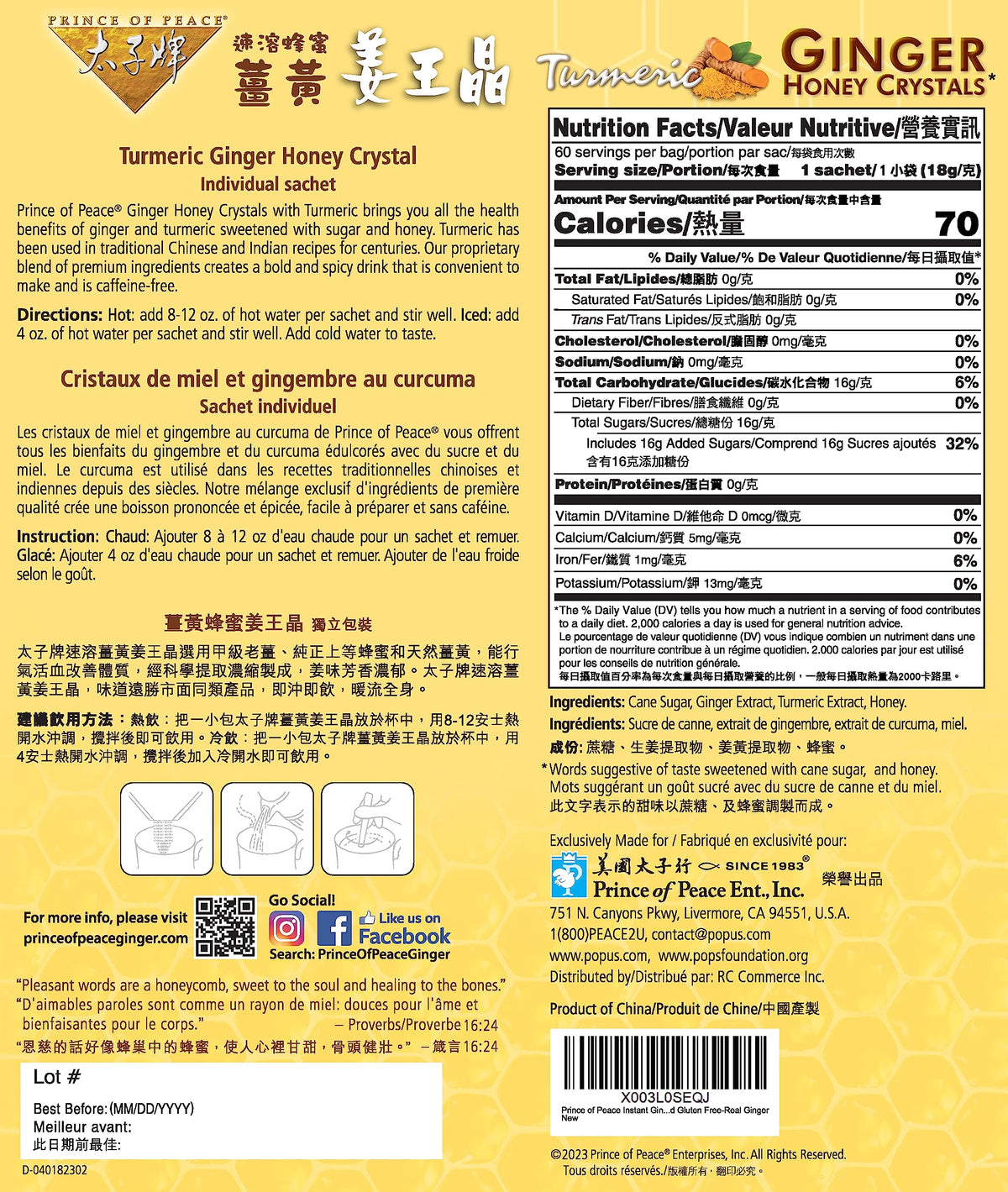 Prince of Peace Instant Ginger Honey Crystals with Turmeric – 120 Sachets (2x60) – Hot or Cold, Soothe Throat