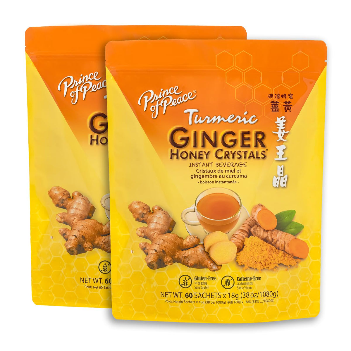 Prince of Peace Instant Ginger Honey Crystals with Turmeric – 120 Sachets (2x60) – Hot or Cold, Soothe Throat