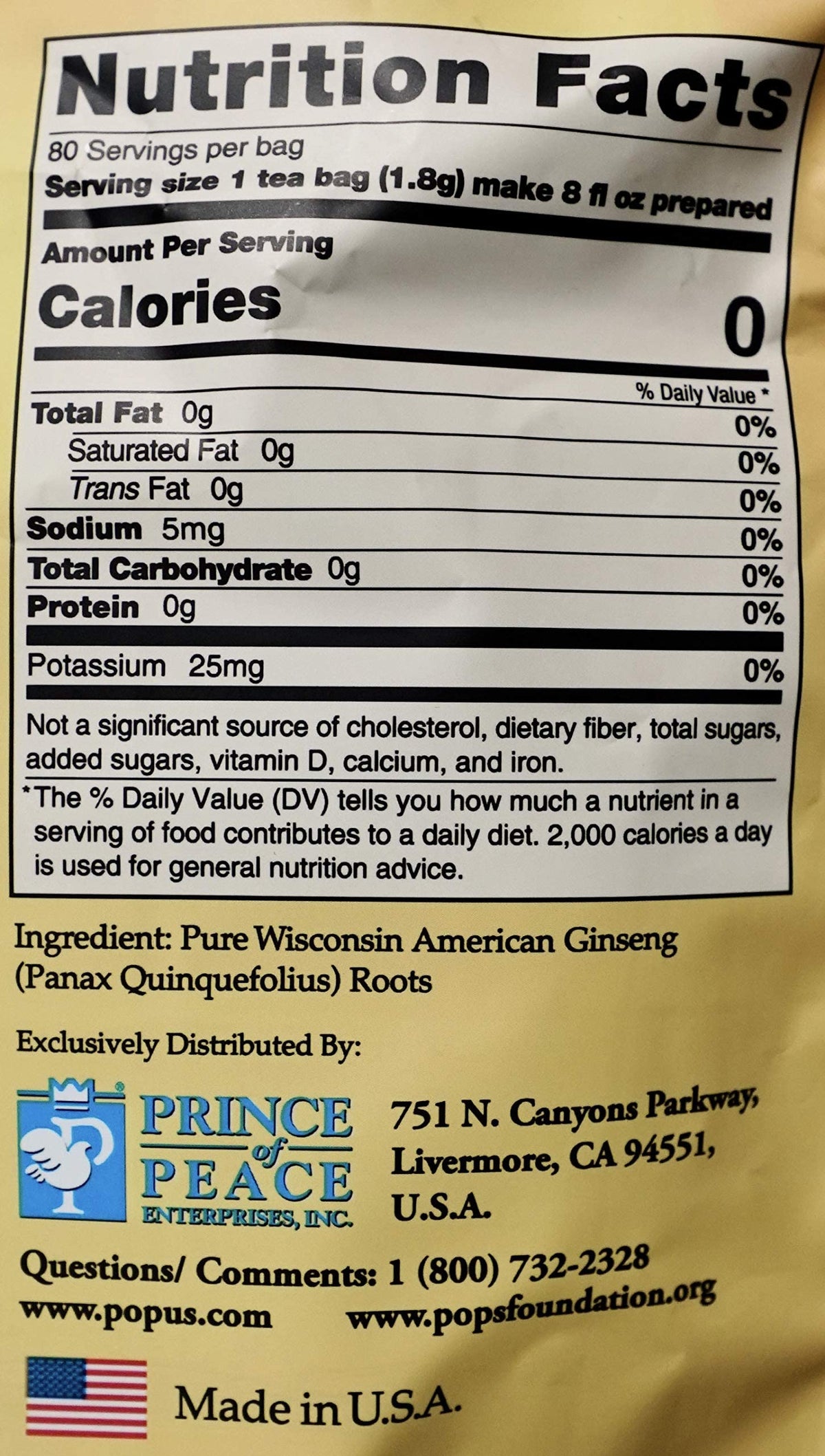 Prince Of Peace 100% Wisconsin Ginseng Tea - 80 Tea Bags