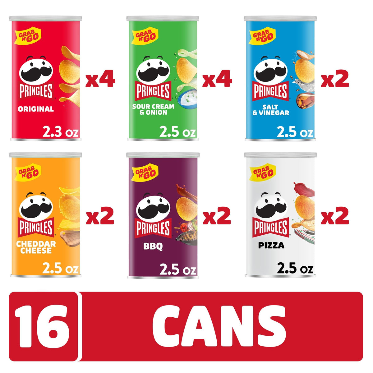 Pringles Potato Crisps Chips – Variety Pack (16 Cans) | Original, Sour Cream & Onion, BBQ & More