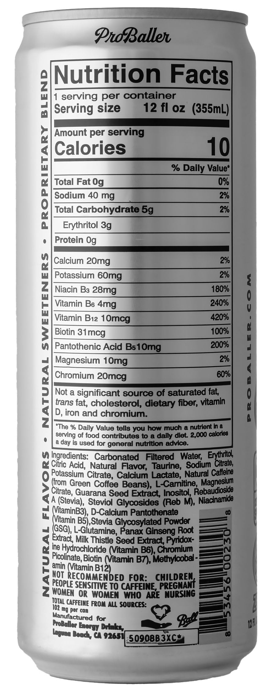 ProBaller Clean Energy Drink – Zero Sugar, NSF Certified for Sport, Natural Caffeine, Citrus, 12 Fl Oz (15 Pack)