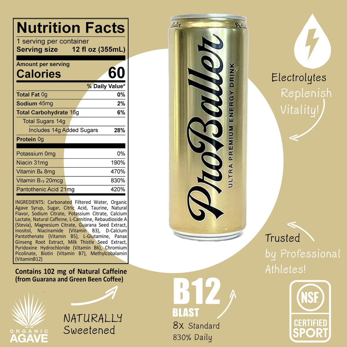 ProBaller Clean Energy Drink – Athlete-Grade Focus & Performance, Agave-Sweetened Citrus, NSF Certified for Sport (15 Pack)