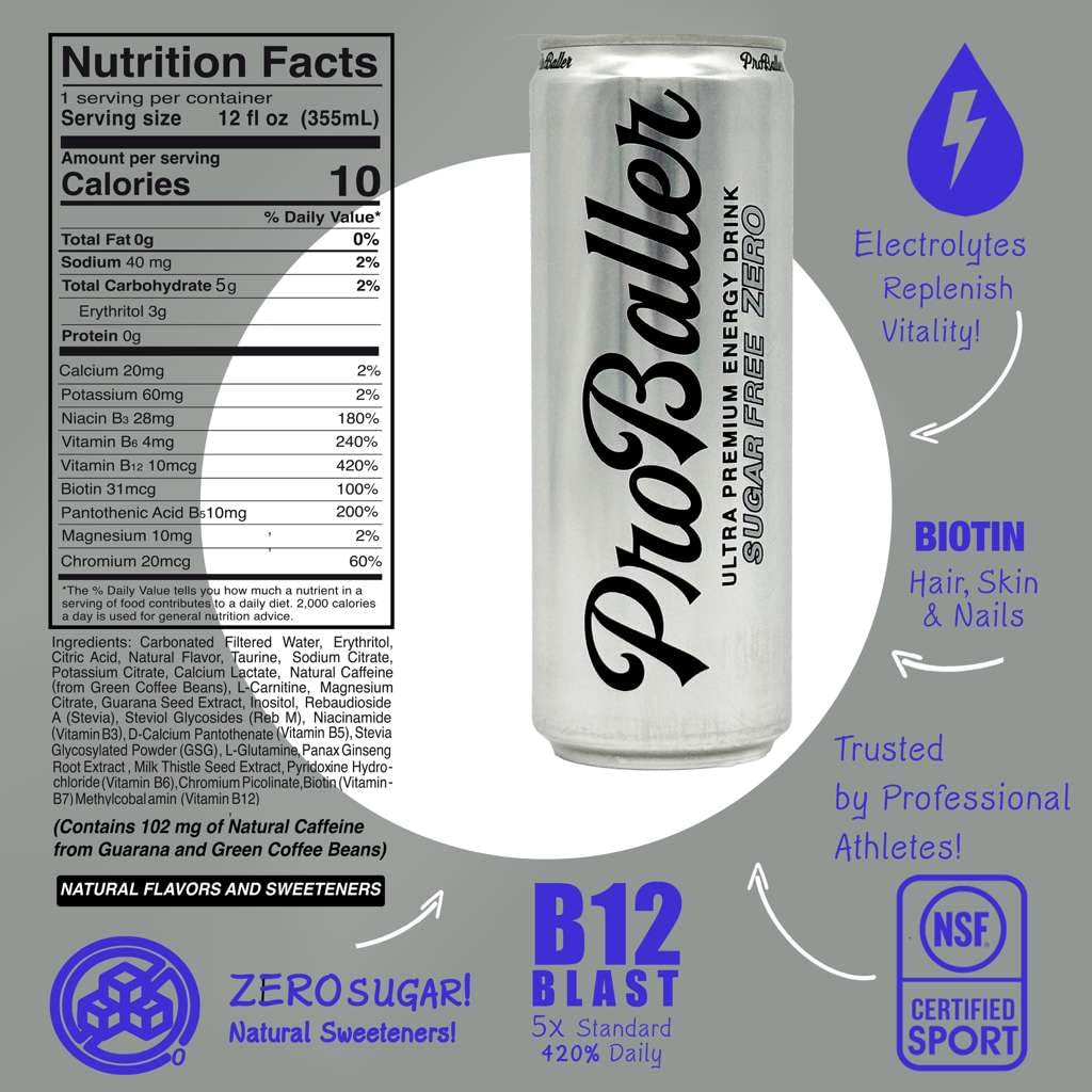 ProBaller Clean Energy Drink – Zero Sugar, NSF Certified for Sport, Natural Caffeine, Citrus, 12 Fl Oz (15 Pack)