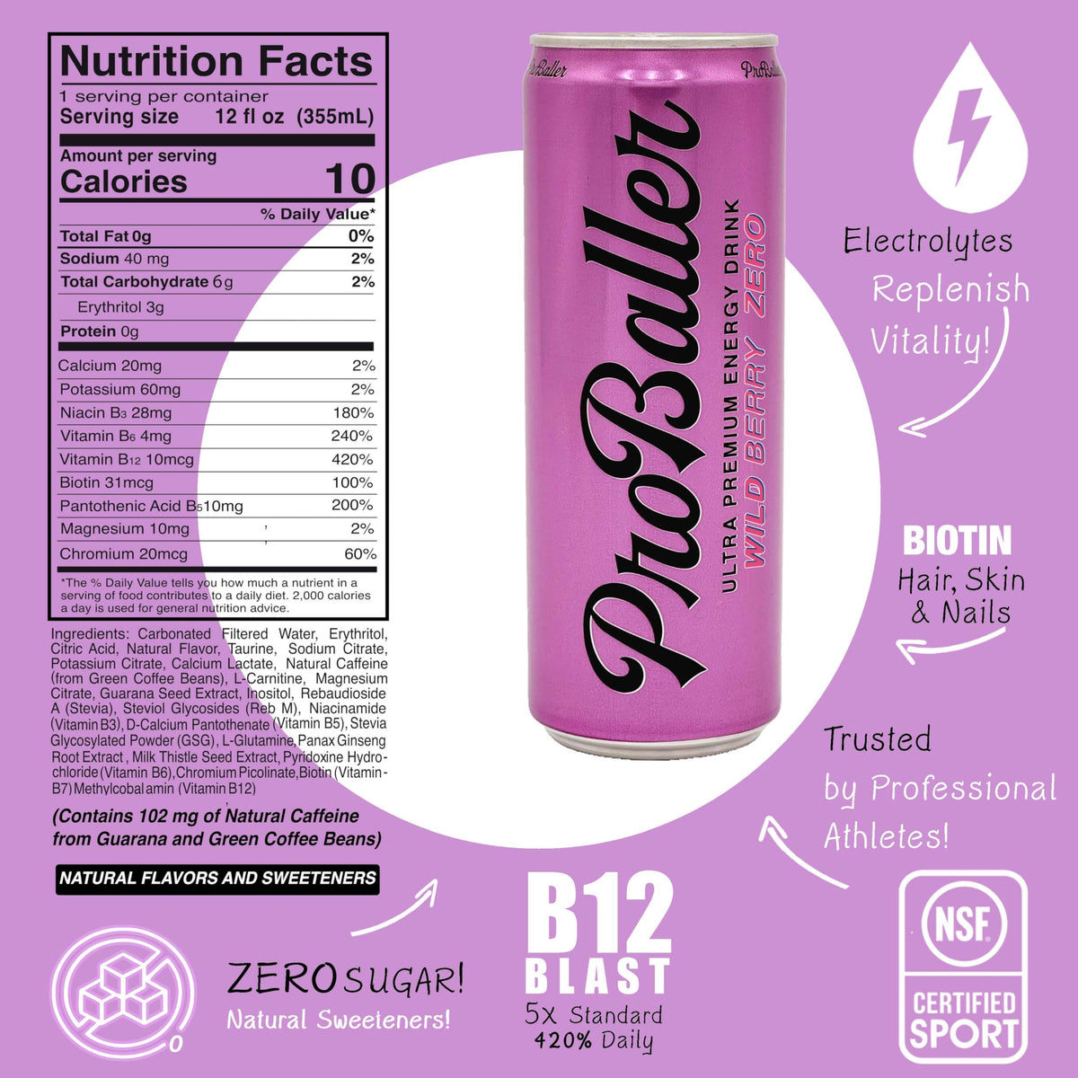 PROBALLER Clean Energy Drink – Athlete-Grade Focus, NSF Certified for Sport, Zero Sugar – Wild Berry, 12 fl oz (15 Pack)