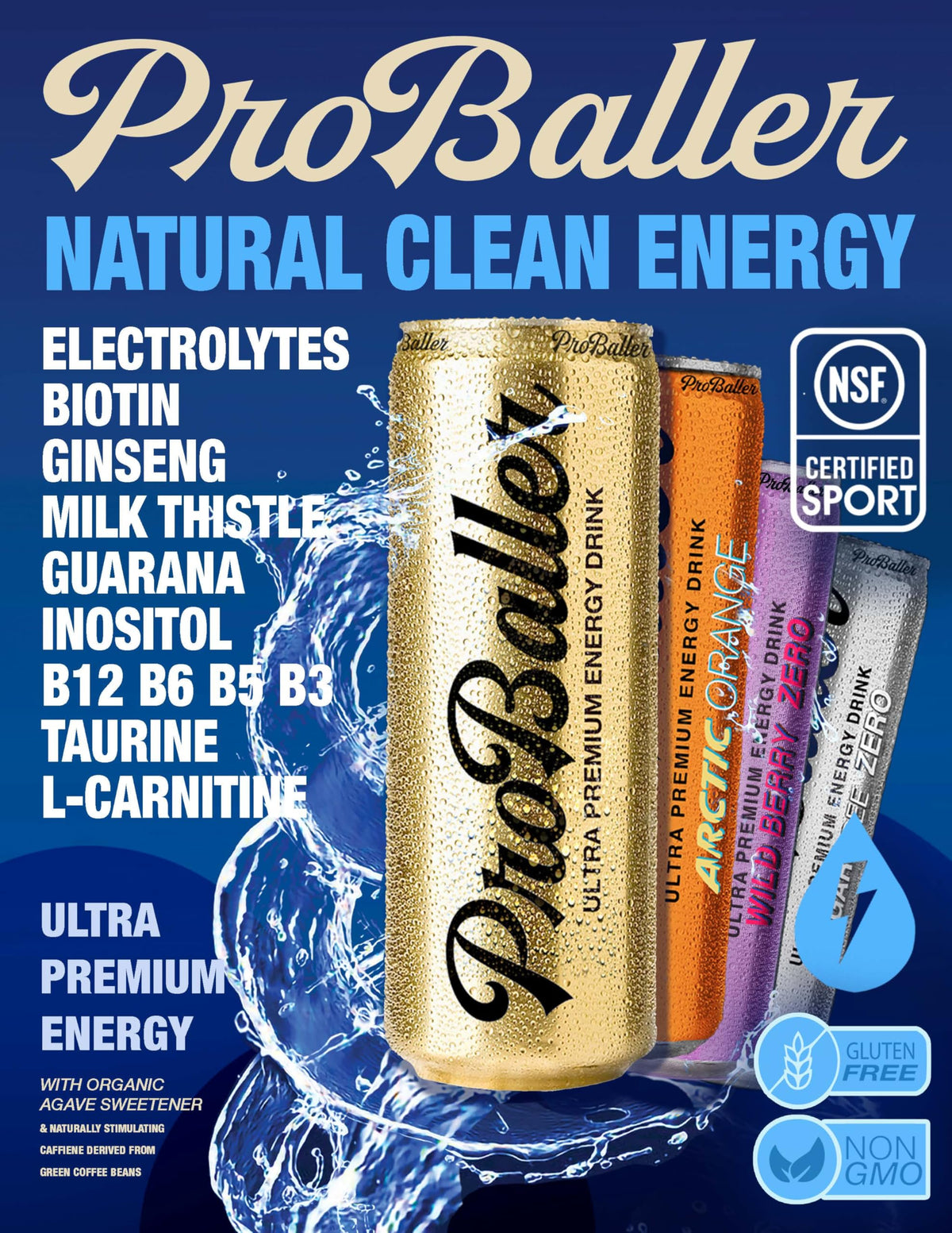 ProBaller Clean Energy Drink – Athlete-Grade Energy, NSF Certified for Sport, Orange (15 Pack)