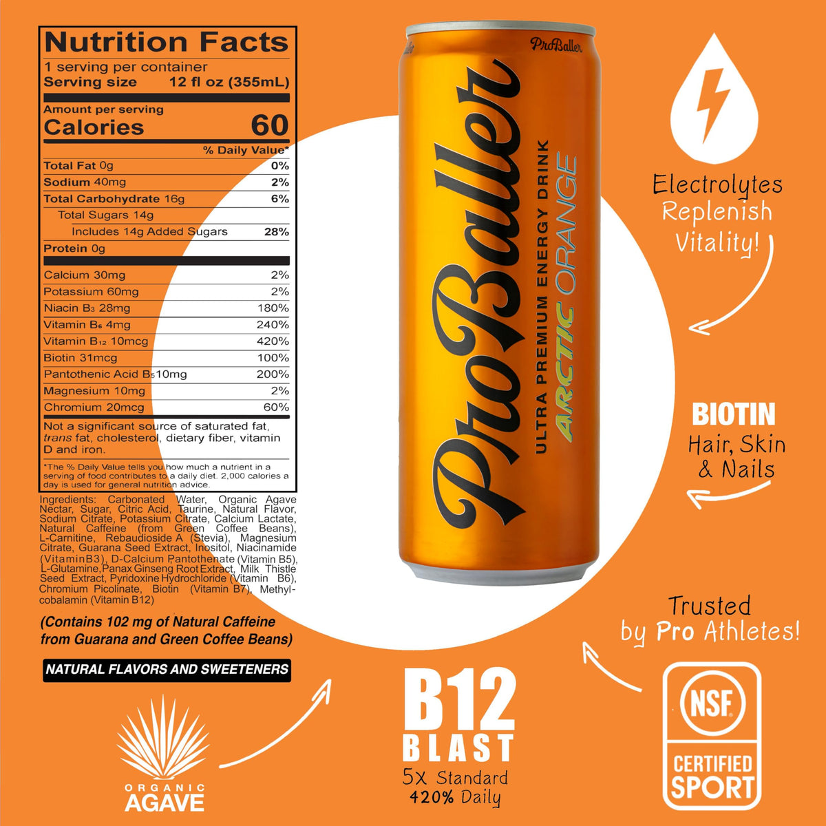 ProBaller Clean Energy Drink – Athlete-Grade Energy, NSF Certified for Sport, Orange (15 Pack)