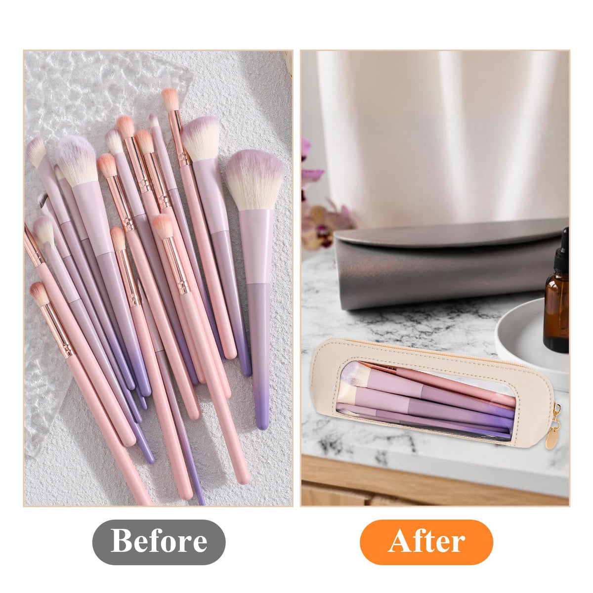 Psyqtsuary Small Clear Makeup Bag, PU Leather Travel Makeup Brush Case Portable Transparent Waterproof Cosmetic Organizer Pouch with Zipper for Women Home Travel Office Cosmetic Storage (Beige)