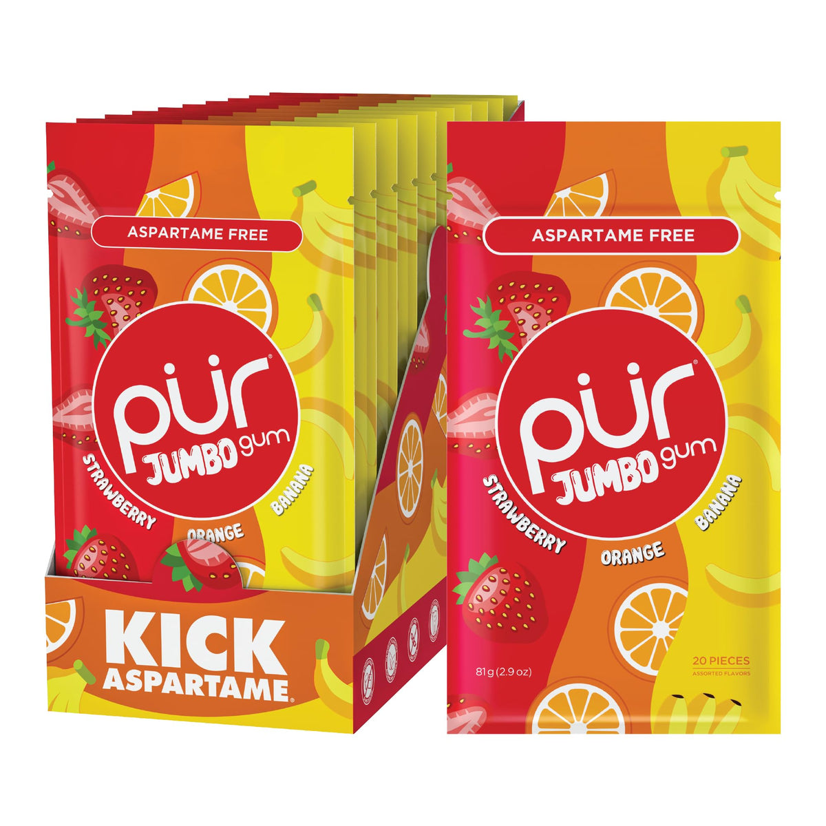 PUR Jumbo Gum – Aspartame Free, 100% Xylitol, Strawberry/Banana/Orange, 20 Pieces (Pack of 10)