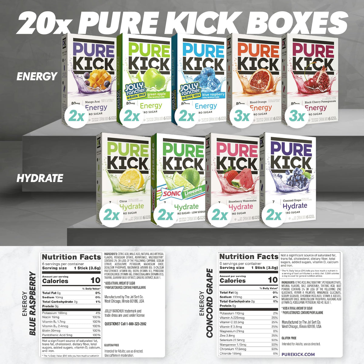 Pure Kick Ultimate Variety Pack - 9 Flavors Hydration & Energy Drink Packets (Sugar Free)