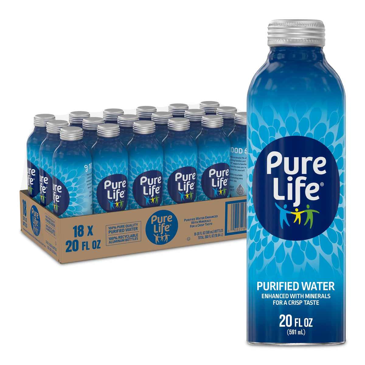 Pure Life Purified Water — 18-Pack, 20 fl oz Aluminum Bottles with Mineral-Enhanced Crisp Taste
