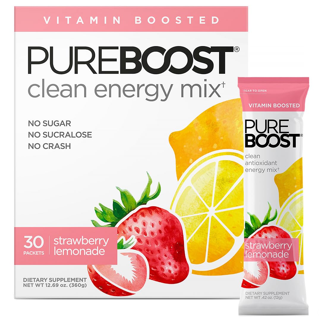 Pureboost Sugar-Free Clean Energy Booster – Strawberry Lemonade, 30 Count | B12, Electrolytes, Antioxidants