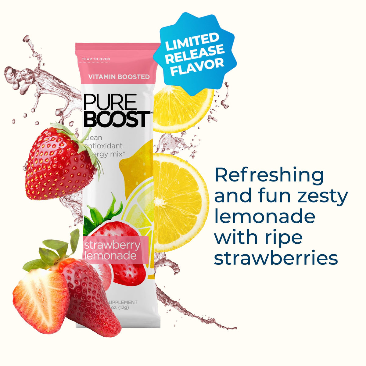 Pureboost Sugar-Free Clean Energy Booster – Strawberry Lemonade, 30 Count | B12, Electrolytes, Antioxidants