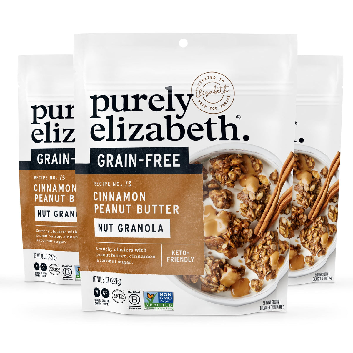Purely Elizabeth Cinnamon Peanut Butter Keto Granola with MCT Oil – Grain-Free (3 x 8oz Bags)