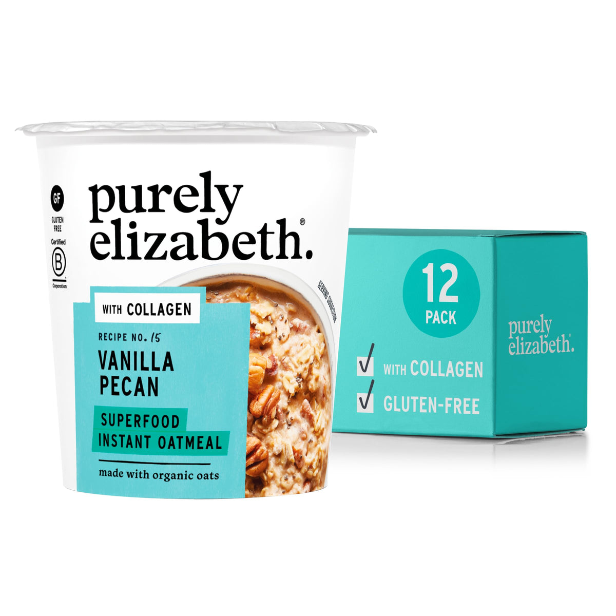 Purely Elizabeth Vanilla Pecan Collagen Oatmeal Cups – Gluten-Free, 12 Pack