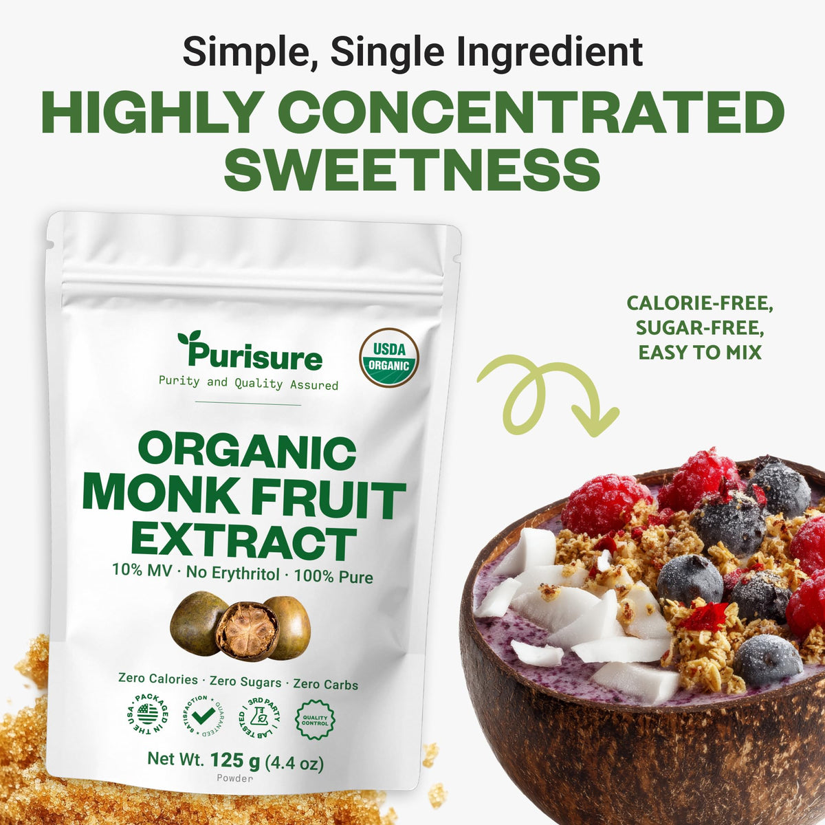 Purisure Organic Monk Fruit Extract Powder 125g — Zero Calorie, Keto & Paleo Friendly