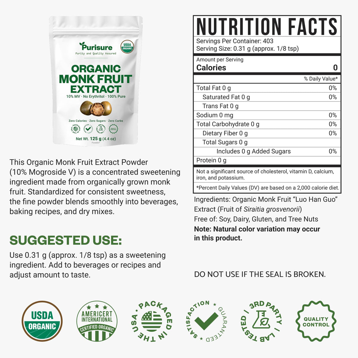 Purisure Organic Monk Fruit Extract Powder 125g — Zero Calorie, Keto & Paleo Friendly