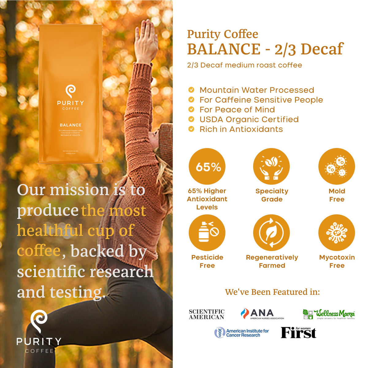 Purity Coffee BALANCE 2/3 Decaf Medium Roast Ground, 12oz | USDA Organic & Mountain Water Decaf