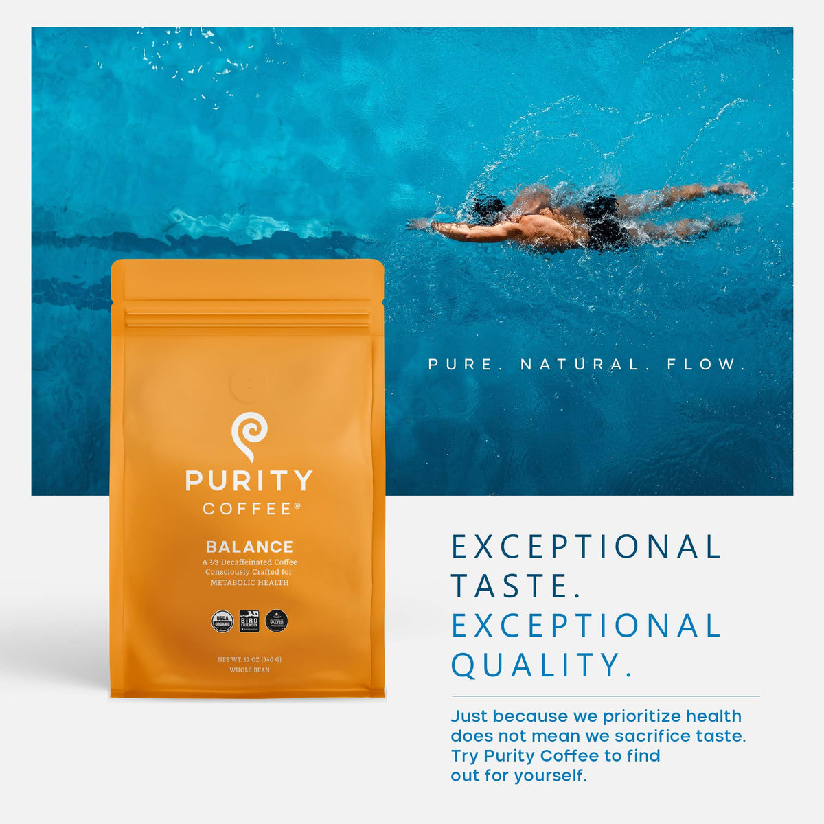 Purity Coffee BALANCE 2/3 Decaf Medium Roast Ground, 12oz | USDA Organic & Mountain Water Decaf